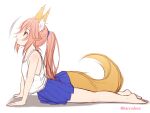  1girl animal_ear_fluff animal_ears bare_arms bare_shoulders barefoot blue_skirt brown_eyes brown_hair camisole commentary_request fate/extra fate_(series) fox_ears fox_girl fox_tail from_side haryuu_(poetto) legs long_hair looking_away lying on_stomach parted_lips pleated_skirt ponytail profile shadow skirt solo tail tamamo_(fate)_(all) tamamo_no_mae_(fate) twitter_username very_long_hair white_background white_camisole 