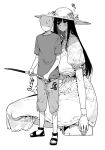  1boy 1girl black_hair blush breasts chomoran commentary_request dress faceless faceless_male fishing_rod flower gloves greyscale groping hasshaku-sama hat hat_flower height_difference highres holding holding_fishing_rod large_breasts long_hair looking_at_another monochrome original sandals short_sleeves shorts sitting sun_hat sundress sweatdrop tall tall_female translation_request white_dress 