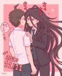  2boys ahoge black_hair black_pants brown_hair chiyo_nori collared_shirt commentary cowboy_shot danganronpa_(series) danganronpa_2:_goodbye_despair dated food hands_on_another&#039;s_shoulders heart highres hinata_hajime imminent_kiss jacket kamukura_izuru long_hair long_sleeves male_focus mouth_hold multiple_boys necktie open_clothes open_jacket pants pink_background pocky pocky_kiss red_eyes shirt sweatdrop translation_request white_background white_shirt yaoi 