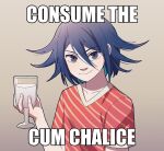  1boy alternate_costume bangs cheer_(cheerkitty14) collarbone commentary cum cum_chalice_(meme) cum_in_container cum_in_cup cup cupping_glass danganronpa_(series) danganronpa_v3:_killing_harmony english_commentary english_text flipped_hair glass gradient gradient_background grey_background hair_between_eyes hand_up holding holding_cup impact_(font) macro meme ouma_kokichi purple_eyes purple_hair red_shirt shirt short_sleeves smile solo striped striped_shirt suggestive_fluid 