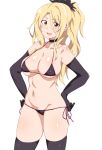  1girl bikini black_bikini blonde_hair blush breasts choker christina_(princess_connect!) cleavage collarbone covered_nipples elbow_gloves gloves highres large_breasts long_hair looking_at_viewer micro_bikini navel open_mouth ponytail princess_connect! seihekiog simple_background solo swimsuit thighhighs white_background yellow_eyes 