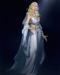  1girl absurdres blonde_hair bracelet dark_background dress elf full_body galadriel gold_trim highres jewelry legendarium looking_up mischeviouslittleelf pointy_ears ring sleeveless solo standing the_lord_of_the_rings wavy_hair white_dress 