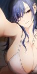  1girl bikini blue_hair breasts cleavage ear_piercing earrings goshiki_suzu hair_over_one_eye highres huge_breasts jewelry long_hair looking_at_viewer mole mole_on_armpit mole_under_eye original piercing reaching_out red_eyes selfie smile solo swimsuit 