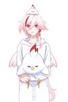  1girl absurdres animal_ear_fluff animal_on_head artist_request bird chicken closed_mouth fu_hua fu_hua_(phoenix) g_rirung highres holding honkai_(series) honkai_impact_3rd long_sleeves looking_at_viewer multicolored_hair on_head pajamas ponytail red_eyes simple_background solo streaked_hair stuffed_animal stuffed_toy white_background white_hair 