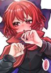  1girl :o black_shirt blush bow cape commentary_request flustered full-face_blush hair_bow hands_up highres looking_away looking_to_the_side open_mouth red_cape red_eyes red_hair sekibanki sekibanki_day sekkaku_nuru shirt simple_background solo touhou translated white_background 