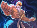  1boy abs alternate_form aura bald beard belt biceps blue_pants clenched_hands commentary dragon_ball dragon_ball_(classic) facial_hair male_focus manly muscular muscular_male mustache muten_roushi navel old old_man pants powering_up red-framed_eyewear shirtless solo sunglasses teeth veins white_belt yonezawa_mao 