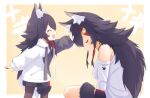  2girls :d ^_^ absurdres animal_ear_fluff animal_ears bare_shoulders black_hair black_hoodie black_legwear breasts child choker closed_eyes comforting dual_persona fang hand_on_another&#039;s_head headpat highres hololive hood hood_down hoodie long_hair long_sleeves multicolored_hair multiple_girls ookami_mio open_mouth pantyhose red_hair shirt short_shorts shorts sitting skin_fang smile tail tears two-tone_hoodie very_long_hair virtual_youtuber wappa white_hair white_hoodie white_shirt wolf_ears wolf_girl wolf_tail younger 