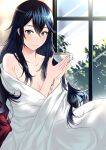  1girl ameno_(a_meno0) armpit_crease bangs blue_eyes blue_hair blush breasts closed_mouth collarbone day fingernails fire_emblem fire_emblem_awakening hair_between_eyes indoors leaf light_blush lips long_hair looking_at_viewer lucina_(fire_emblem) naked_towel pink_lips shiny shiny_hair sitting small_breasts smile solo symbol-shaped_pupils towel white_towel window 