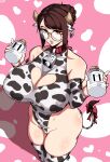  1girl absurdres alecto_0 animal_collar animal_ears animal_print bangs barcode bell bottle breasts brown_eyes brown_hair cameltoe cleavage cleavage_cutout clothing_cutout collar covered_navel covered_nipples cow_girl cow_horns cow_print cow_tail cowbell detached_sleeves ear_tag fake_animal_ears fingernails from_above glasses hair_bun heart_cutout highleg highleg_leotard highres horns huge_breasts impossible_clothes impossible_leotard legs_together leotard looking_at_viewer mature_female milk_bottle neck_bell original pink_background pink_lips print_legwear print_leotard print_sleeves puckered_lips red_collar red_ribbon ribbon rimless_eyewear round_eyewear short_hair skindentation solo standing tail tail_ornament tail_ribbon thick_thighs thighhighs thighs 