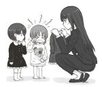  &gt;_&lt; 3girls barefoot boko_(girls_und_panzer) child commentary crying formal girls_und_panzer greyscale holding holding_clothes long_hair monochrome mother_and_daughter multiple_girls mutsu_(layergreen) nishizumi_maho nishizumi_miho nishizumi_shiho short_hair siblings sisters squatting suit younger 