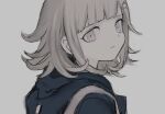  1girl backpack bag bangs blunt_bangs brown_hair closed_mouth commentary danganronpa_(series) danganronpa_2:_goodbye_despair denri face flipped_hair from_side grey_background hair_ornament highres hood hood_down looking_at_viewer looking_to_the_side nanami_chiaki pink_eyes simple_background sketch solo spaceship_hair_ornament upper_body 