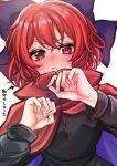  1girl :/ black_shirt blush bow cape commentary_request flustered full-face_blush hair_bow hands_up highres red_cape red_eyes red_hair sekibanki sekibanki_day sekkaku_nuru shirt simple_background solo touhou translated white_background 