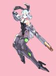  1girl animal_ears arms_behind_back bangs black_leotard blue_eyes blue_hair boots breasts bunny_ears character_request copyright_request elbow_gloves fake_animal_ears gloves grey_gloves gun high_heel_boots high_heels highres holding holding_gun holding_weapon ishiyumi leotard mecha_musume mechanical_ears metal_boots playboy_bunny science_fiction small_breasts smile solo thigh_boots thighhighs weapon 
