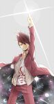  1boy arm_up bangs chikuwapan collarbone commentary_request danganronpa_(series) danganronpa_v3:_killing_harmony facial_hair goatee grey_background grey_shirt grin hand_on_hip highres jacket long_sleeves male_focus momota_kaito open_clothes open_shirt pants pink_jacket pink_pants print_shirt shirt short_hair smile solo space_print sparkle starry_sky_print white_shirt 
