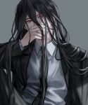  1boy bangs black_hair chinese_commentary collared_shirt covering_mouth danganronpa_(series) danganronpa_2:_goodbye_despair grey_background grey_shirt hair_between_eyes hand_up highres jacket kamukura_izuru long_hair long_sleeves looking_at_viewer male_focus muuyiie necktie red_eyes shirt simple_background solo upper_body 