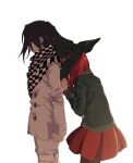  1boy 1girl black_hair black_jacket brown_legwear checkered checkered_scarf clenched_hand commentary_request cowboy_shot crying danganronpa_(series) danganronpa_v3:_killing_harmony flipped_hair from_side grey_jacket hand_up hat jacket jingle_(mhb729) long_sleeves medium_hair miniskirt ouma_kokichi pants pantyhose red_hair red_skirt scarf simple_background skirt tears white_background white_pants witch_hat yumeno_himiko 