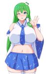  1girl ;p \||/ bare_shoulders blue_eyes blue_neckwear blue_skirt blush breasts cowboy_shot detached_sleeves frog_hair_ornament green_hair hair_ornament hair_tubes hand_up highres huge_breasts kochiya_sanae long_hair looking_at_viewer midarin midriff navel necktie nose_blush one_eye_closed simple_background skirt snake_hair_ornament solo thighhighs tongue tongue_out touhou very_long_hair waving white_background white_legwear wide_sleeves 
