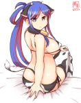  1girl alternate_costume animal_ears animal_print artist_logo bed bell bikini black_eyes blue_hair breasts commentary_request cow_ears cow_horns cow_print cow_tail cowbell dated fake_animal_ears fake_horns from_behind highres horns kanon_(kurogane_knights) kantai_collection large_breasts long_hair looking_at_viewer looking_back multicolored_hair one-hour_drawing_challenge ponytail red_hair side-tie_bikini simple_background sitting solo south_dakota_(kancolle) star_(symbol) swimsuit tail white_background white_bikini white_hair white_legwear 
