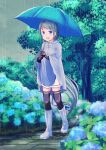  1girl bangs blue_eyes blue_footwear blue_hair blue_umbrella boots collared_shirt eyebrows_visible_through_hair flower full_body gloves highres holding holding_umbrella hydrangea kantai_collection long_hair looking_at_viewer nature open_mouth outdoors poncho puddle rain raincoat rubber_boots samidare_(kancolle) saruwatari_goshiki shirt smile solo striped swept_bangs thighhighs tree umbrella very_long_hair walking water_drop wet wet_clothes 