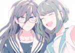  2girls :d ahoge bangs black_shirt blush brown_hair closed_eyes closed_mouth collarbone danganronpa_(series) danganronpa_another_episode:_ultra_despair_girls fukawa_touko glasses grey_hair hair_between_eyes happy kyo722 long_hair looking_at_viewer multiple_girls naegi_komaru open_mouth portrait sailor_collar shirt short_hair simple_background smile striped upper_body white_shirt 