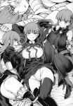  4girls absurdres bandages bb_(fate) bb_(fate)_(all) bed_sheet blush eyebrows_visible_through_hair fate/extra fate/extra_ccc fate/grand_order fate_(series) frown giant giantess greyscale highres jp06 kingprotea_(fate) licking_lips long_hair lying meltryllis_(fate) monochrome moss multiple_girls on_back passionlip_(fate) ribbon sitting tongue tongue_out very_long_hair 