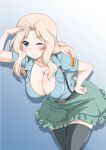  1girl alternate_costume aoshidan_school_uniform belt black_belt black_legwear blonde_hair blue_background blue_eyes blue_shirt blush breasts cleavage collared_shirt commentary cowboy_shot frilled_skirt frills girls_und_panzer gradient gradient_background green_skirt grin hair_intakes hand_on_hip kay_(girls_und_panzer) large_breasts leaning_forward long_hair looking_at_viewer miniskirt one_eye_closed open_mouth partially_unbuttoned salute school_uniform shadow shirt short_sleeves skirt smile solo spanish_flag standing suspender_skirt suspenders thighhighs twitter_username yts_takana 