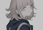  1girl backpack bad_id bad_pixiv_id bag bangs blunt_bangs brown_hair closed_mouth commentary danganronpa_(series) danganronpa_2:_goodbye_despair denri face flipped_hair from_side grey_background highres hood hood_down looking_at_viewer looking_to_the_side nanami_chiaki pink_eyes simple_background sketch solo upper_body 