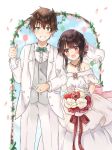  1girl black_hair bouquet bridal_veil bride brown_hair couple dress flower formal grin groom highres husband_and_wife jewelry kono_subarashii_sekai_ni_shukufuku_wo! megumin red_eyes ring satou_kazuma short_hair_with_long_locks smile suit tuxedo veil wedding wedding_ring white_suit yuno_(suke_yuno) 