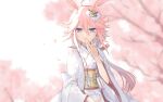  1girl alternate_costume animal_ears cherry_blossoms cup fox_ears highres honkai_(series) honkai_impact_3rd japanese_clothes kanai23831347 kimono long_hair looking_at_viewer pink_hair ponytail purple_eyes solo tree tree_branch white_background yae_sakura 