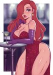  1girl artist_name bare_shoulders blurry blurry_background border breasts cleavage cocktail cocktail_glass cowboy_shot cup dress drinking_glass earrings elbow_gloves english_commentary eyeshadow gloves grey_eyes hair_over_one_eye iahfy jessica_rabbit jewelry large_breasts lipstick long_hair looking_at_viewer makeup orange_hair parted_lips purple_gloves red_dress red_lips side_slit solo strapless strapless_dress table white_border who_framed_roger_rabbit 