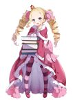  1girl beatrice_(re:zero) blonde_hair blue_eyes blush book bow capelet commentary_request crown dress drill_hair hair_ribbon highres long_hair long_sleeves looking_at_viewer mini_crown natsuichi-sama open_mouth pantyhose re:zero_kara_hajimeru_isekai_seikatsu ribbon simple_background solo striped striped_legwear symbol-shaped_pupils twin_drills twintails white_background 