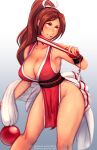  1girl bangs bare_legs blush breasts brown_hair cleavage closed_fan commentary fan fatal_fury feet_out_of_frame folding_fan gradient gradient_background grey_background hair_ribbon holding holding_fan iahfy large_breasts long_hair orange_eyes parted_bangs parted_lips patreon_username ponytail ribbon shiranui_mai smile solo tan the_king_of_fighters thighs twitter_username watermark web_address white_background white_ribbon 