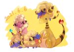  ampharos bell bow bowtie closed_mouth commentary_request dated evolutionary_line eye_contact flaaffy gara_(qbeuxvii22) gen_2_pokemon green_eyes highres looking_at_another mareep no_humans on_head orange_neckwear pokemon pokemon_(creature) pokemon_on_head sheep sitting smile 