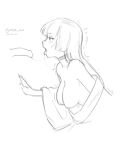  1girl bangs blunt_bangs blush breasts choker from_side greyscale half-closed_eyes i0525 large_breasts long_hair monochrome open_mouth original penis profile saliva saliva_trail simple_background sketch tongue tongue_out trembling twitter_username white_background 
