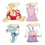  anger_vein blush blush_stickers closed_eyes closed_mouth commentary_request creature ditto gen_1_pokemon gen_2_pokemon gen_6_pokemon goomy headpat newo_(shinra-p) open_mouth pokemon pokemon_(creature) shuckle simple_background smile sweatdrop tongue translated white_background wooper 