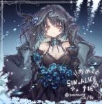  1girl alice_(sinoalice) anniversary black_dress blue_flower bouquet breasts choker cleavage closed_mouth detached_sleeves dress earrings facepaint flower gothic_lolita highres holding holding_bouquet jewelry lolita_fashion looking_at_viewer sinoalice sketch smile sonori twitter_username veil 