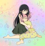  2girls akemi_homura bare_legs barefoot bird black_dress black_hair cage child_drawing closed_eyes closed_mouth cloud_background crescent_moon dress floral_background flower frills full_body furrowed_brow gradient gradient_background hair_between_eyes hair_ribbon hands_on_another&#039;s_back happy happy_tears head_rest hug kaname_madoka kneeling light_blush light_particles long_hair mahou_shoujo_madoka_magica moon multicolored multicolored_background multiple_girls mutual_hug no_nose pajamas pink_hair pokki_(sue_eus) polka_dot polka_dot_pajamas red_ribbon ribbon short_dress sparkle sparkle_background spread_legs star_(symbol) starry_background striped striped_dress sun_symbol tearing_up tears twintails vertical-striped_dress vertical_stripes 