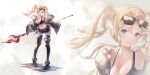  1girl bangs blonde_hair blue_eyes braid breasts cleavage full_body fur_trim granblue_fantasy hair_intakes hair_ornament hairband highres large_breasts long_hair looking_at_viewer navel polearm skirt smile solo spear sunglasses tank_top thighhighs twintails weapon yu_pian zeta_(granblue_fantasy) 