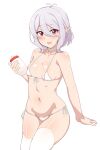  1girl baby_bottle bikini blush bottle breasts choker elf highres kokkoro_(princess_connect!) looking_at_viewer micro_bikini navel open_mouth pointy_ears princess_connect! red_eyes seihekiog short_hair silver_hair simple_background small_breasts smile solo swimsuit thighhighs white_background white_bikini 