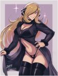  1girl black_panties blonde_hair border bra_through_clothes breasts cleavage cynthia_(pokemon) fur_trim grey_border grey_eyes hair_over_one_eye hand_on_hip holding iahfy large_breasts long_hair long_sleeves navel panties parted_lips pokemon pokemon_(game) pokemon_dppt purple_background smile solo sparkle underwear very_long_hair 