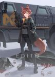  1girl absurdres animal_ears assault_rifle bullpup character_name dreadtie edith_connie_callaghan fox_ears fox_tail gloves green_eyes ground_vehicle gun highres humvee looking_at_viewer military motor_vehicle original red_hair rifle short_hair smile solo tail weapon 