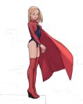  1girl absurdres blonde_hair blue_leotard blush bob_cut boots cape copyright_request from_side full_body highres leotard looking_at_viewer looking_to_the_side luimiart medium_hair own_hands_together red_cape red_legwear red_leotard smile solo superhero thigh_boots thighhighs two-tone_leotard 