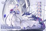  1girl artillery azur_lane bare_shoulders bouquet breasts bridal_veil bride dress expressions eyebrows_visible_through_hair flower full_body gloves hair_between_eyes highres holding holding_bouquet indoors kaede_(yumesaki_kaede) lace-trimmed_dress lace_trim large_breasts layered_dress long_dress official_alternate_costume official_art pink_flower pink_rose promotional_art purple_eyes purple_flower purple_hair purple_ribbon purple_rose ribbon rodney_(azur_lane) rodney_(palace_of_blessings)_(azur_lane) rose royal_navy_(emblem) sideboob sleeveless sleeveless_dress solo tiara turret veil white_dress white_gloves 