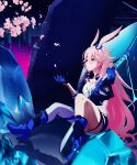  1girl absurdres animal_ears asymmetrical_legwear cherry_blossoms closed_mouth crystal ears fox_ears highres holding holding_sword holding_weapon honkai_(series) honkai_impact_3rd huge_filesize job_norz katana pink_hair purple_eyes sheath sheathed sitting sitting_on_object solo sword tree_branch weapon yae_sakura yae_sakura_(goushinnso_memento) 