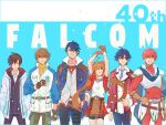  1girl 5boys adol_christin ahoge anniversary ao_no_kiseki armor arms_up bangs belt belt_pouch bike_shorts black_gloves black_hair black_jacket black_pants blue_background blue_hair blue_jacket brown_eyes brown_gloves brown_hair brown_pants closed_eyes closed_mouth coat collared_shirt commentary copyright_name cowboy_shot dog_tags eiyuu_densetsu estelle_bright expressionless eyebrows_visible_through_hair falcom fingerless_gloves floating_hair gloves grin hair_between_eyes hand_on_own_chest hands_in_pockets highres hooded_coat jacket kuro_no_kiseki leather leather_gloves lloyd_bannings long_hair looking_at_viewer miche_(locominima) miniskirt multiple_boys necktie one_eye_closed pants petals pouch purple_eyes purple_neckwear rean_schwarzer red_eyes red_hair red_jacket red_pants red_shirt red_skirt ribbed_sweater school_uniform sen_no_kiseki shirt short_hair shorts shorts_under_skirt shoulder_armor simple_background skirt smile sora_no_kiseki spiked_hair sweater swept_bangs tokisaka_kou tokyo_xanadu turtleneck turtleneck_sweater twintails two-tone_jacket uniform van_arkride white_coat white_jacket white_shirt wing_collar yellow_sweater ys zero_no_kiseki 