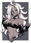  1girl android_21 bare_shoulders black_gloves bracelet breasts cleavage commentary cropped_torso dark-skinned_female dark_skin dragon_ball dragon_ball_fighterz earrings elbow_gloves english_commentary fingerless_gloves gloves grey_background grin hair_between_eyes hands_up iahfy jewelry large_breasts long_hair looking_at_viewer majin_android_21 muted_color navel pointy_ears ring signature smile solo upper_body white_hair 
