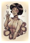  1girl alex_(totally_spies) black_hair blush breasts character_name copyright_name cropped_torso dark-skinned_female dark_skin hand_up iahfy medium_breasts monochrome one_eye_closed open_mouth sepia short_hair signature smile solo totally_spies w 