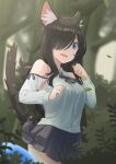  1girl animal_ear_fluff animal_ears bangs black_hair blue_eyes blurry blurry_background breasts cat_ears cat_tail clothing_cutout forest hair_over_one_eye highres medium_breasts nature nekoze_(s22834712) open_mouth original outdoors parted_bangs pleated_skirt shoulder_cutout skirt solo surprised tail tail_lift tu_ya_(nekoze) wavy_mouth 