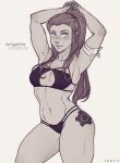  1girl armpits arms_up artist_name bikini black_bikini blush brigitte_(overwatch) character_name cowboy_shot greyscale hair_pulled_back iahfy long_hair looking_at_viewer monochrome overwatch parted_lips ponytail simple_background smile solo swimsuit tattoo white_background white_eyes 