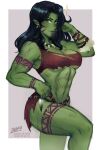  1girl abs arm_up biceps black_hair border breasts cleavage colored_skin earrings fang feathers feet_out_of_frame green_eyes green_skin grey_background hand_on_hip iahfy jewelry large_breasts long_hair looking_at_viewer marvel muscular muscular_female pointy_ears she-hulk simple_background solo tattoo tooth_necklace torn_clothes white_border 